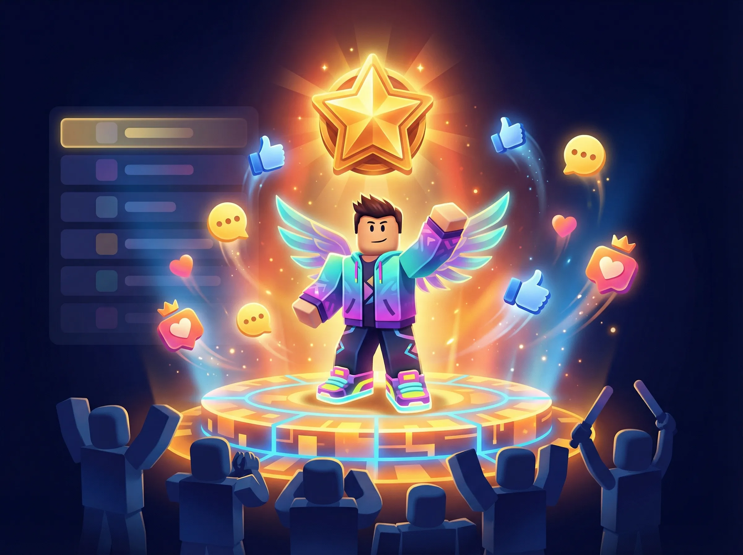 Roblox creator on stage receiving likes and community recognition