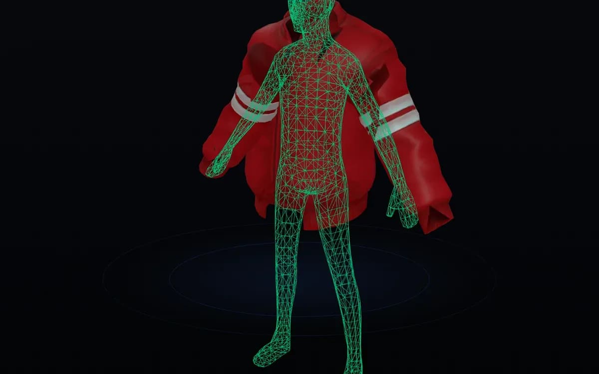 Inner cage wireframe fitted to a humanoid avatar in the Roblox Clothing Cage Generator, shown in green over the body mesh