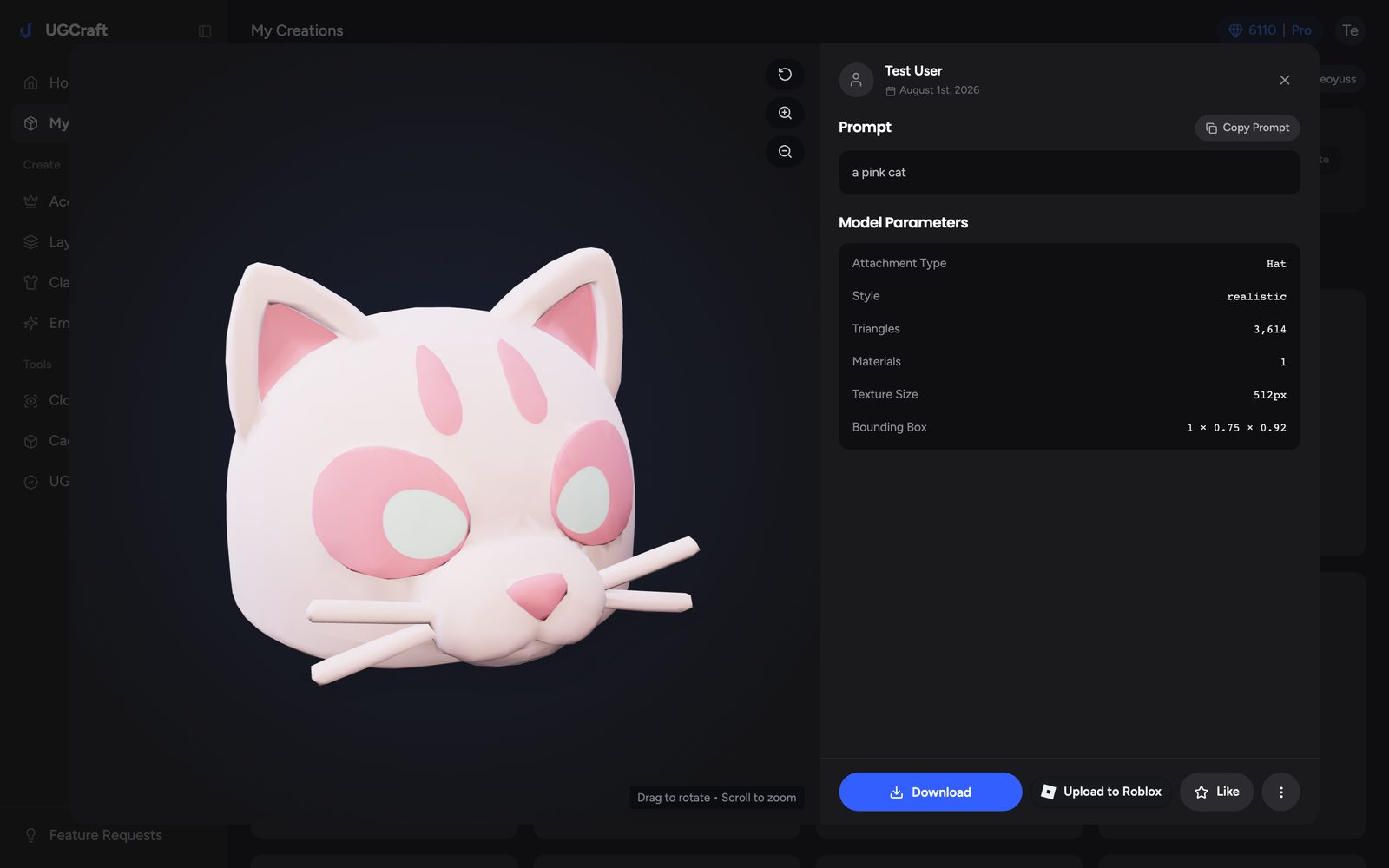 UGCraftの作品詳細画面にあるUpload to Robloxボタン
