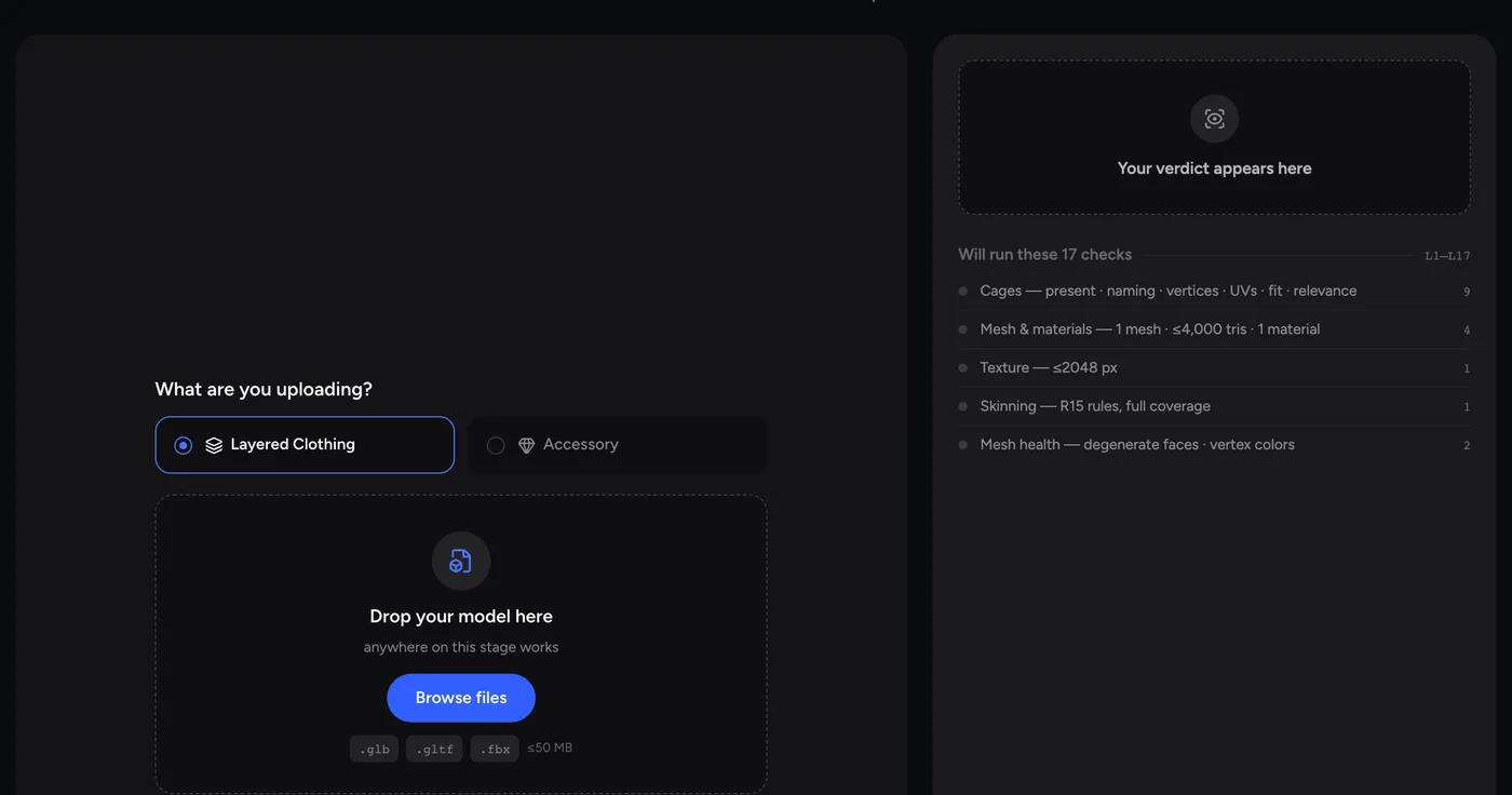 O UGC Requirements Checker com sua área de envio e a lista de verificações que executa: cages, malha e materiais, textura, skinning e saúde da malha