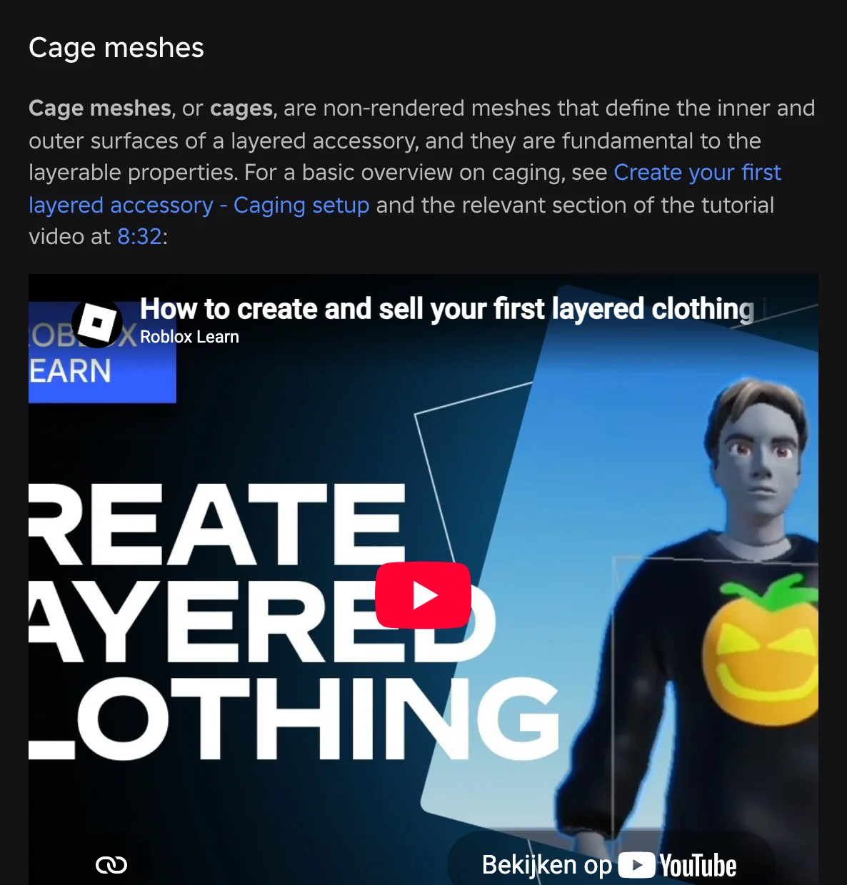 Documentação oficial de acessórios em camadas do Roblox sobre malhas de cage, incluindo o aviso de que vértices e UVs de cage não devem ser apagados