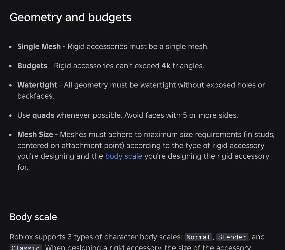Especificações oficiais de acessórios rígidos do Roblox: exigência de malha única, orçamento de 4k triângulos e geometria estanque
