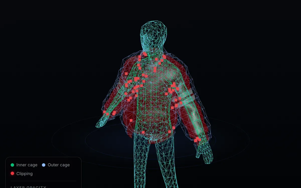 Vista de raio X de uma jaqueta em camadas: em verde o wireframe da cage interna, em azul a cage externa, e em vermelho os pontos onde a malha da peça escapa da cage externa